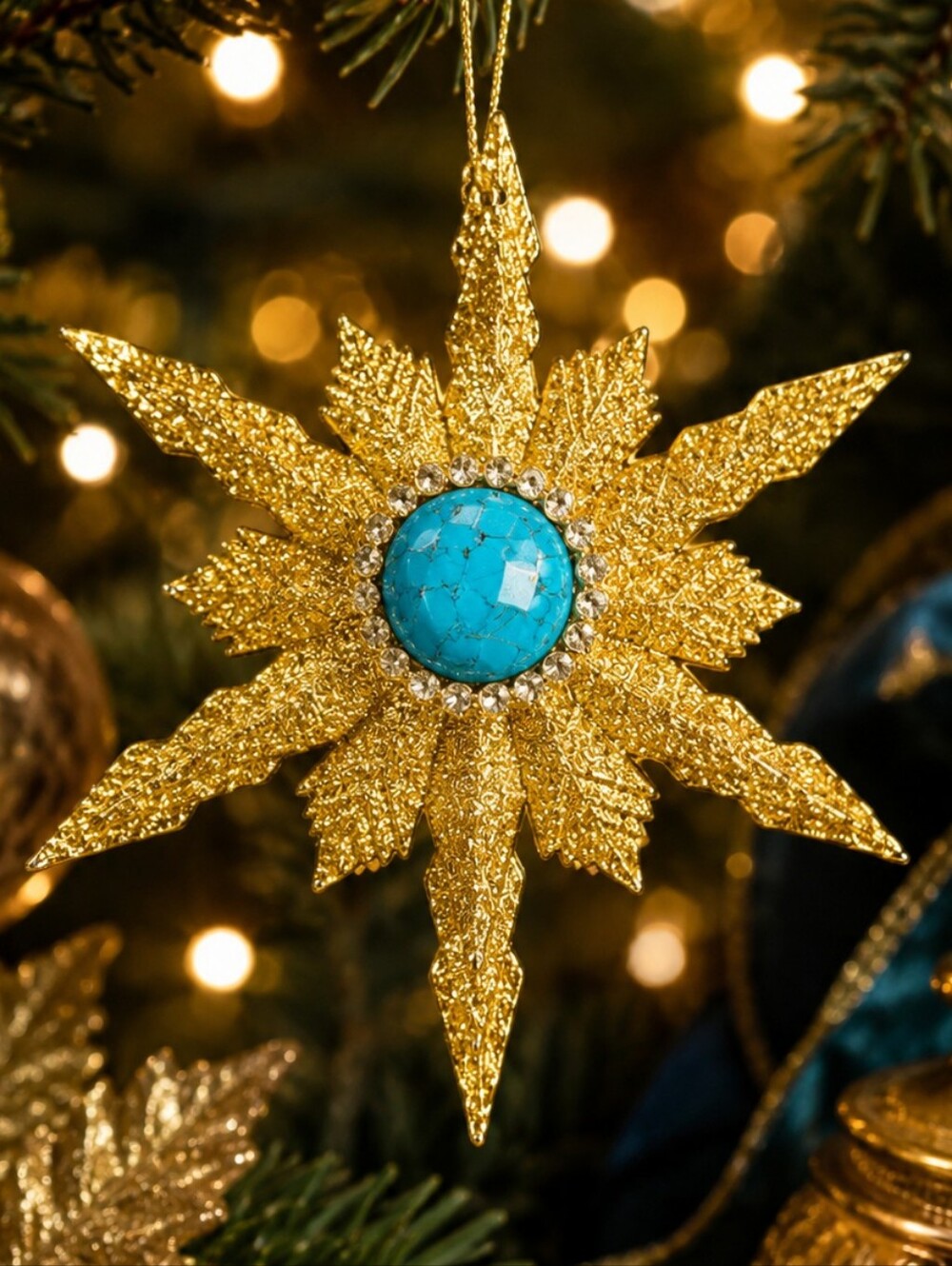 Katherine's Collection Gold Starburst Ornament Turquoise Jewel 4" Decor